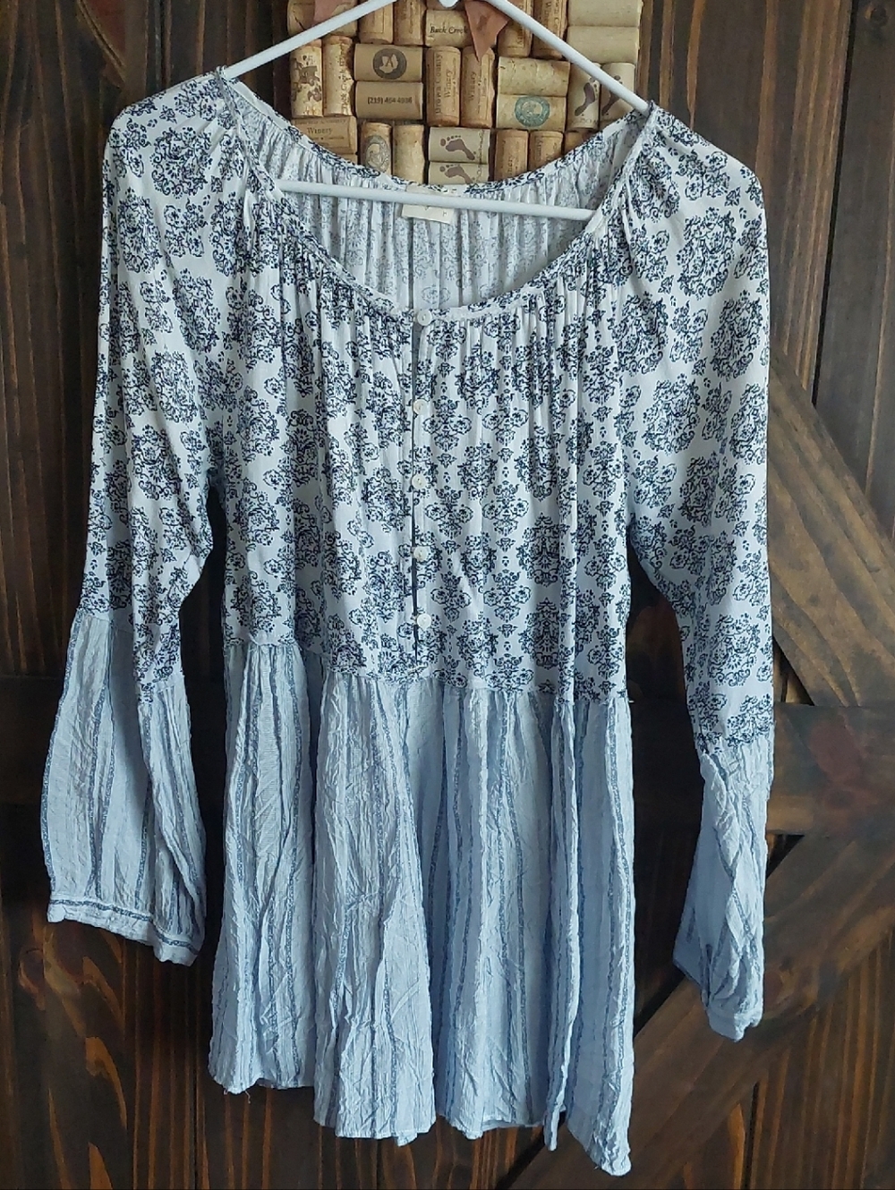 Light Blue Floral Peasant Blouse - Women's Long Sleeve Top by Hyku.
